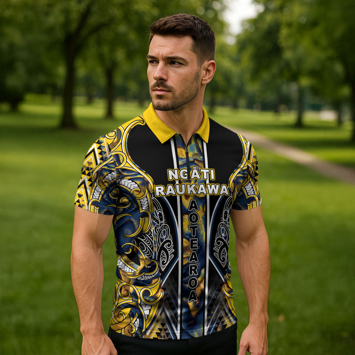 Aotearoa Ngati Raukawa Zipper Polo Shirt Maori Tribal Yellow And Navy Paua Shell Pattern DT05 - Polynesian Pride