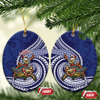 Samoa Christmas Ceramic Ornament Santa Riding Sea Turtle DT05 Oval Navy - Polynesian Pride