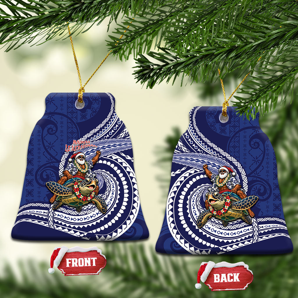 Samoa Christmas Ceramic Ornament Santa Riding Sea Turtle DT05 Bell Flake Navy - Polynesian Pride