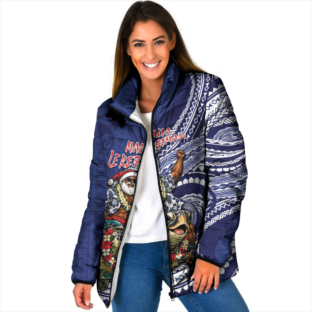 Samoa Christmas Padded Jacket Santa Riding Sea Turtle DT05 Women Navy - Polynesian Pride