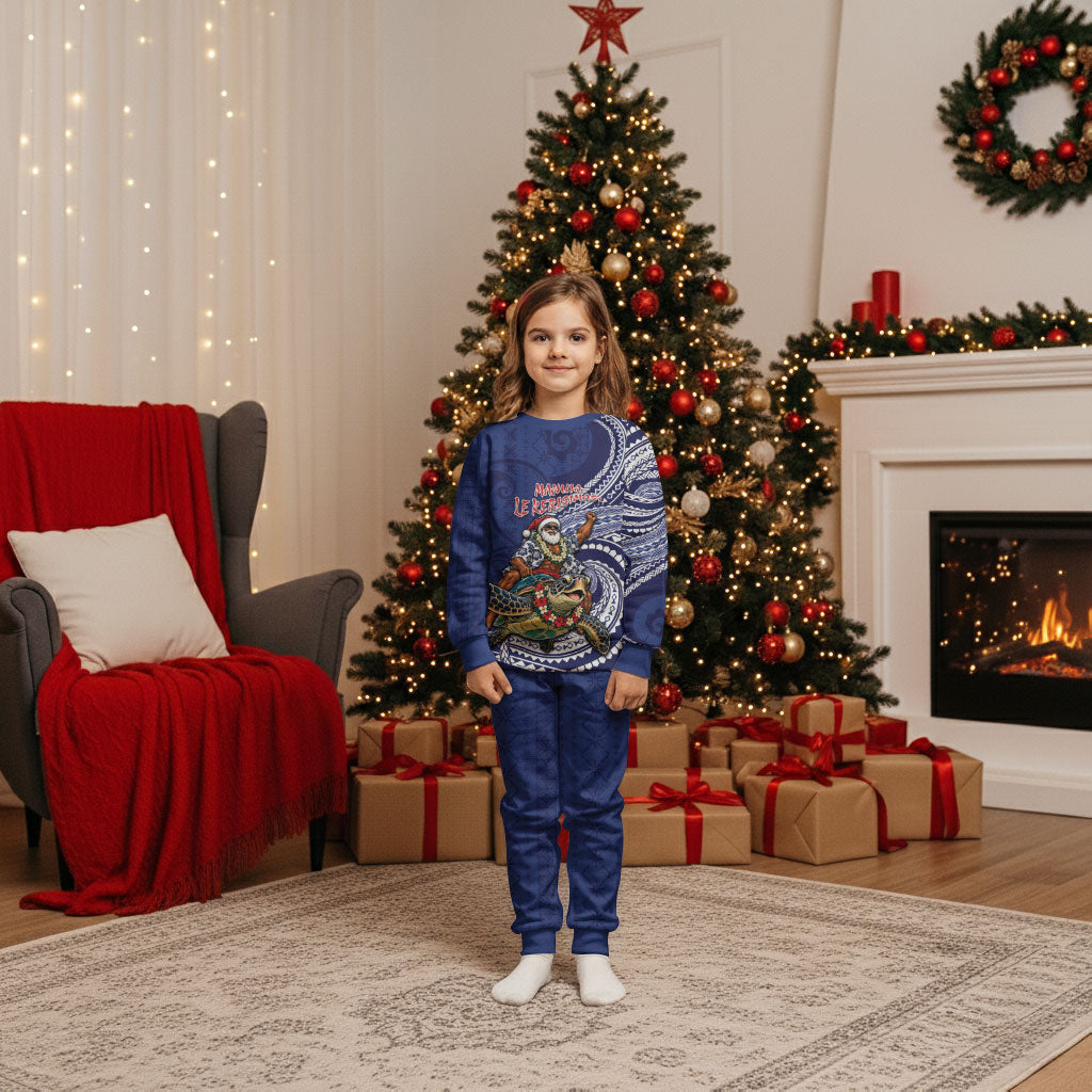 Samoa Christmas Pajama Set Santa Riding Sea Turtle DT05 Kid Navy - Polynesian Pride