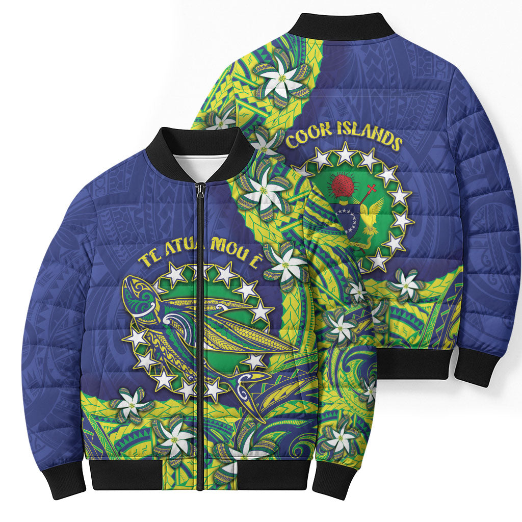 Cook Islands Language Week Bomber Puffer Jacket Flying Fish 15 Stars Tribal Patterns