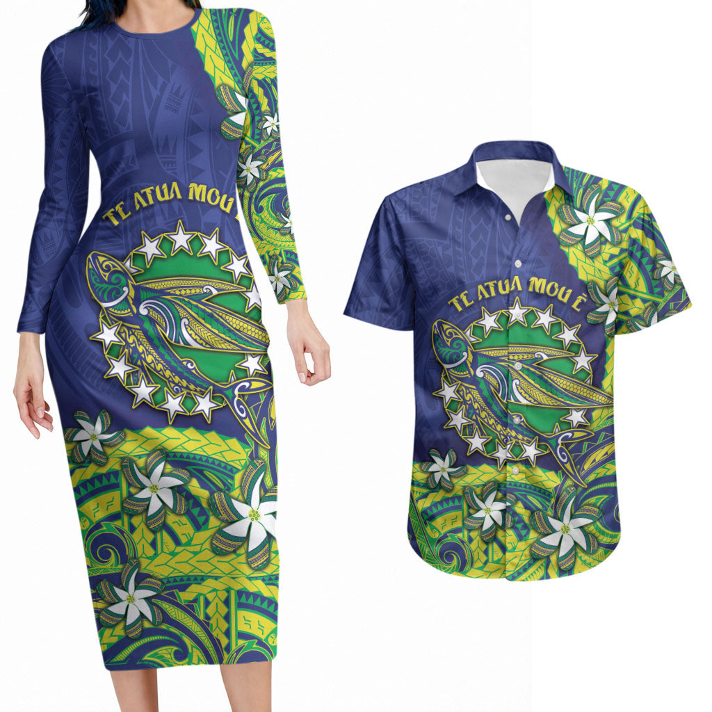 Cook Islands Language Week Couples Matching Long Sleeve Bodycon Dress and Hawaiian Shirt Flying Fish 15 Stars Tribal Patterns DT05 Green - Polynesian Pride