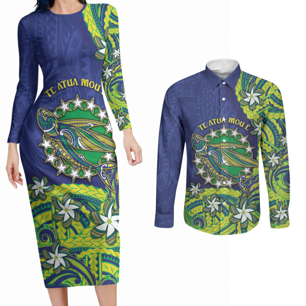 Cook Islands Language Week Couples Matching Long Sleeve Bodycon Dress and Long Sleeve Button Shirt Flying Fish 15 Stars Tribal Patterns