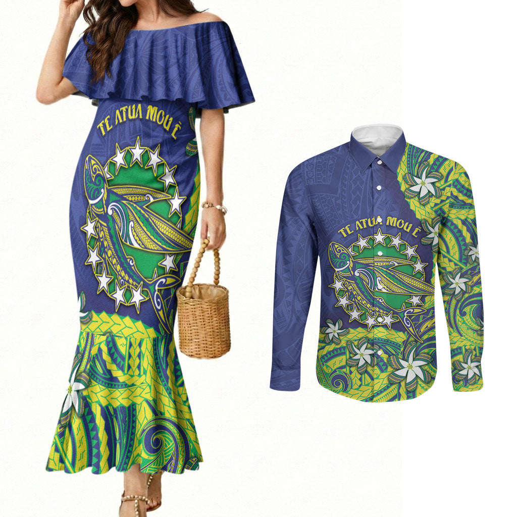 Cook Islands Language Week Couples Matching Mermaid Dress and Long Sleeve Button Shirt Flying Fish 15 Stars Tribal Patterns DT05 Green - Polynesian Pride