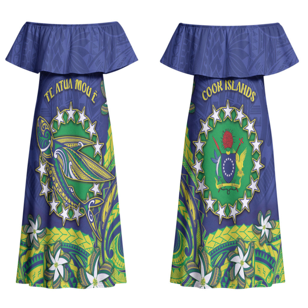 Cook Islands Language Week Couples Matching Off Shoulder Maxi Dress and Long Sleeve Button Shirt Flying Fish 15 Stars Tribal Patterns