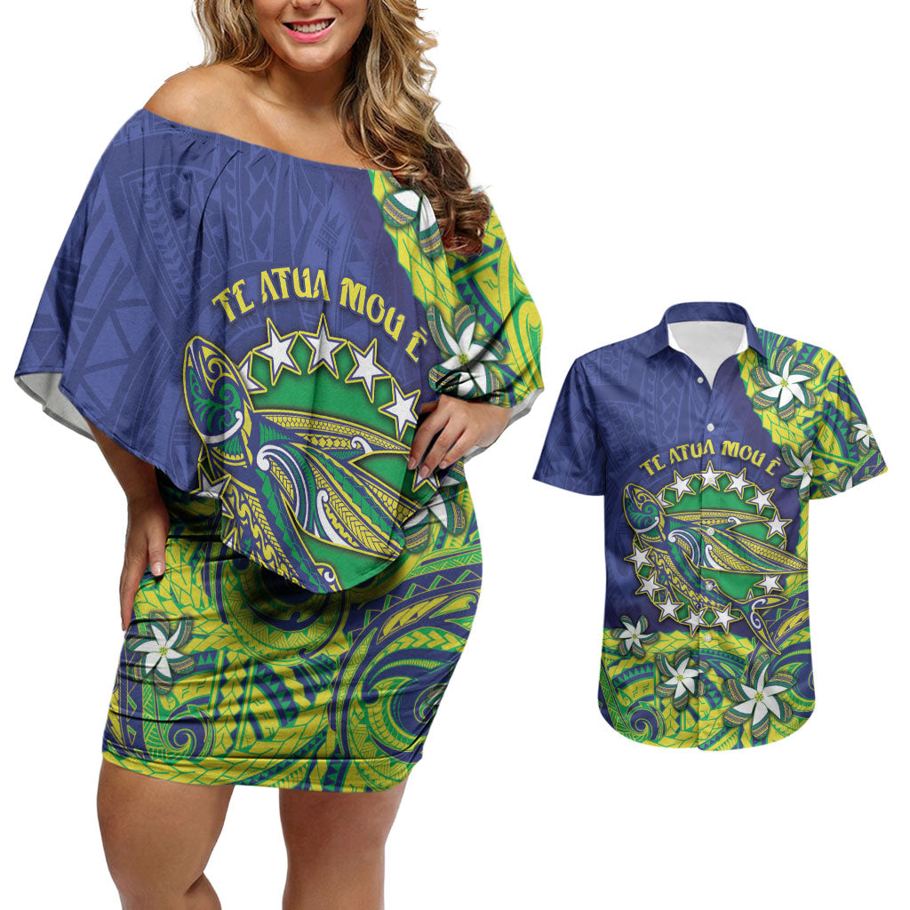 Cook Islands Language Week Couples Matching Off Shoulder Short Dress and Hawaiian Shirt Flying Fish 15 Stars Tribal Patterns DT05 Green - Polynesian Pride