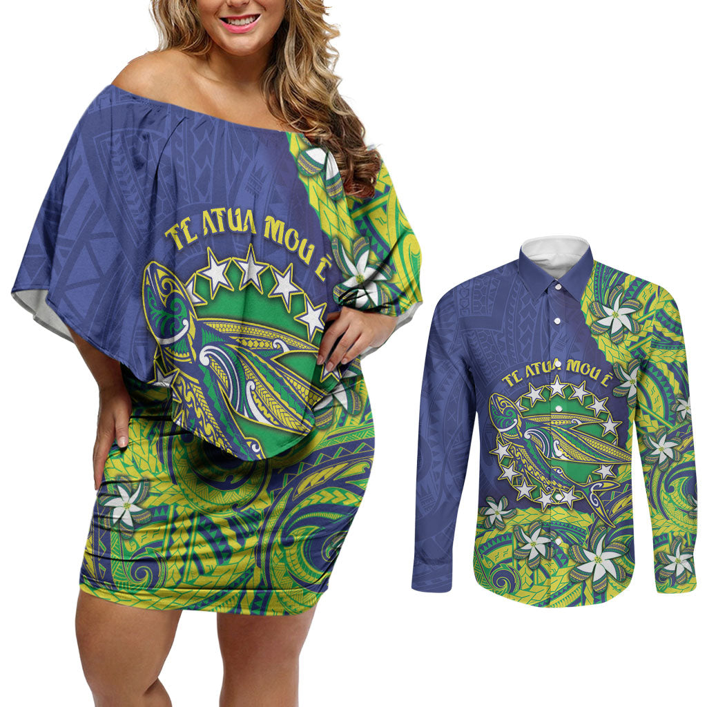Cook Islands Language Week Couples Matching Off Shoulder Short Dress and Long Sleeve Button Shirt Flying Fish 15 Stars Tribal Patterns