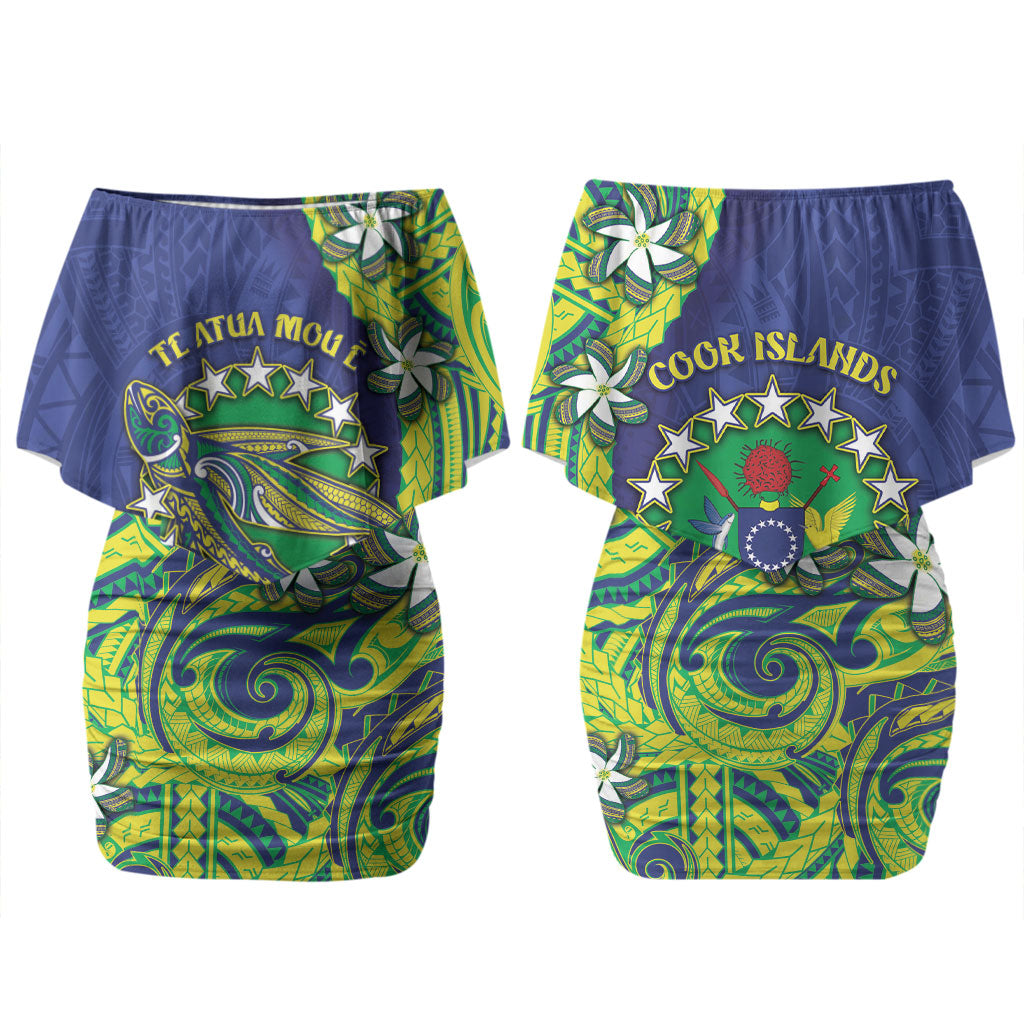 Cook Islands Language Week Couples Matching Off Shoulder Short Dress and Long Sleeve Button Shirt Flying Fish 15 Stars Tribal Patterns