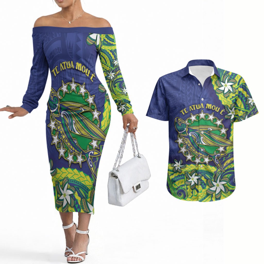 Cook Islands Language Week Couples Matching Off The Shoulder Long Sleeve Dress and Hawaiian Shirt Flying Fish 15 Stars Tribal Patterns DT05 Green - Polynesian Pride