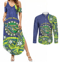 Cook Islands Language Week Couples Matching Summer Maxi Dress and Long Sleeve Button Shirt Flying Fish 15 Stars Tribal Patterns