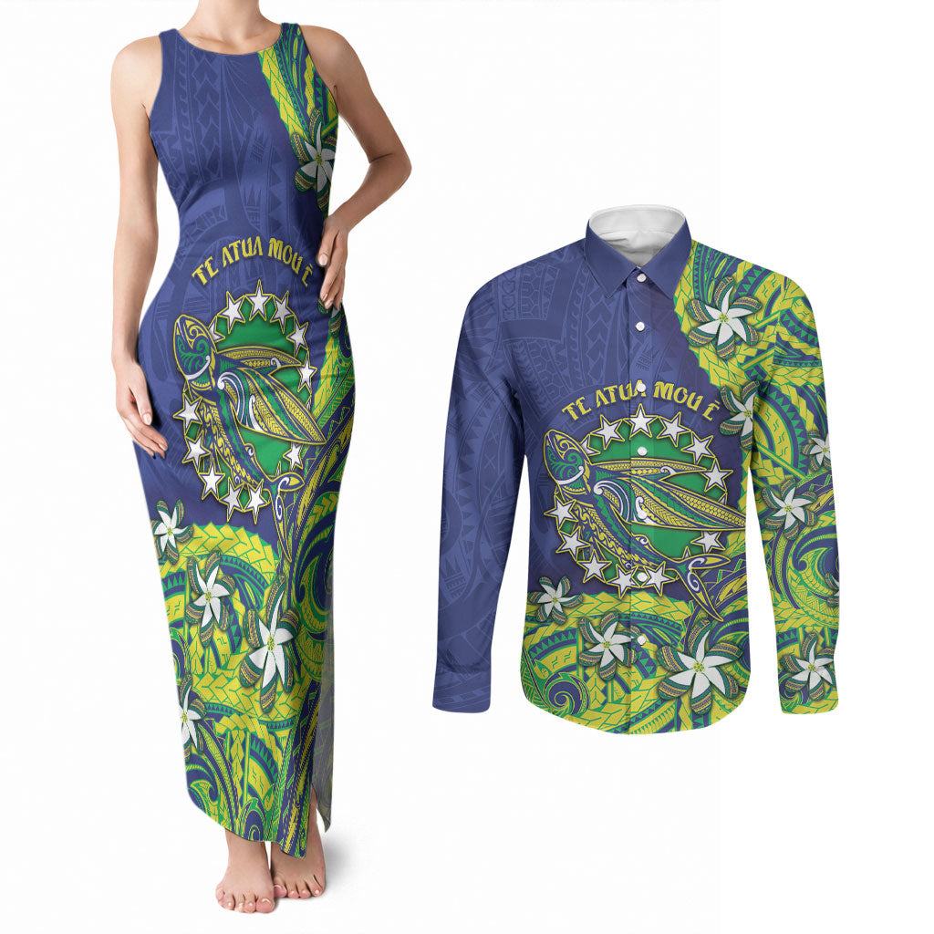 Cook Islands Language Week Couples Matching Tank Maxi Dress and Long Sleeve Button Shirt Flying Fish 15 Stars Tribal Patterns DT05 Green - Polynesian Pride