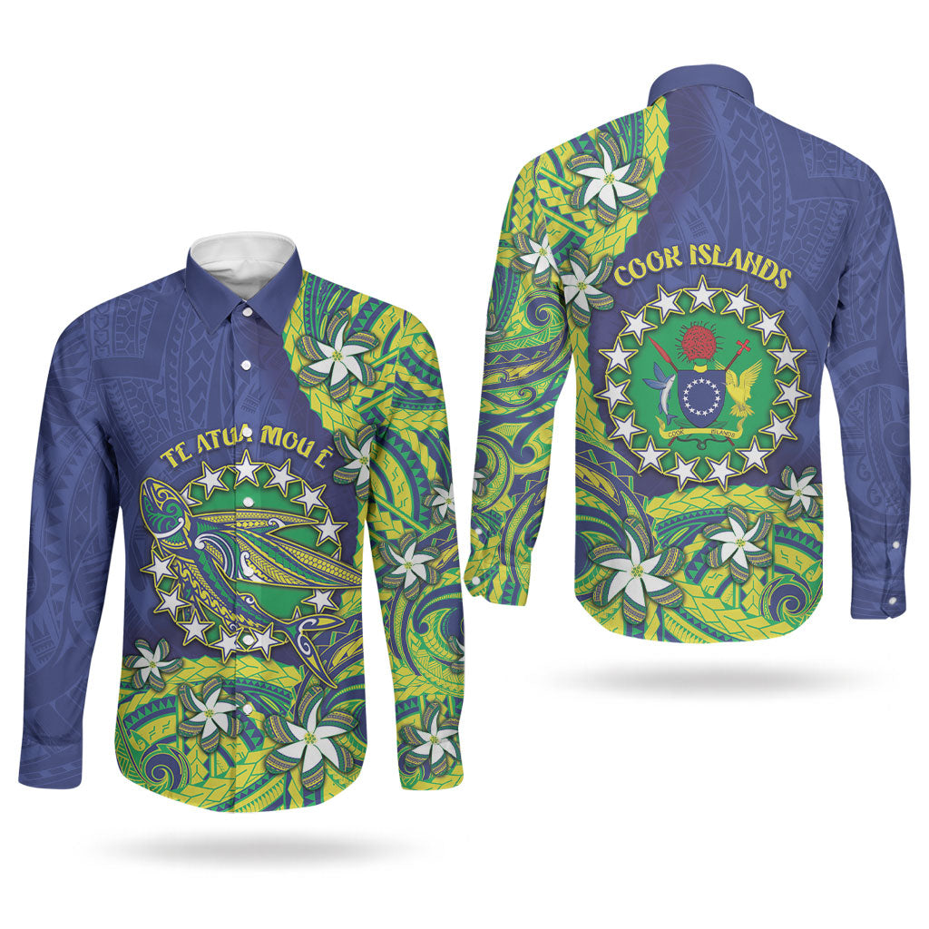 Cook Islands Language Week Couples Matching Tank Maxi Dress and Long Sleeve Button Shirt Flying Fish 15 Stars Tribal Patterns