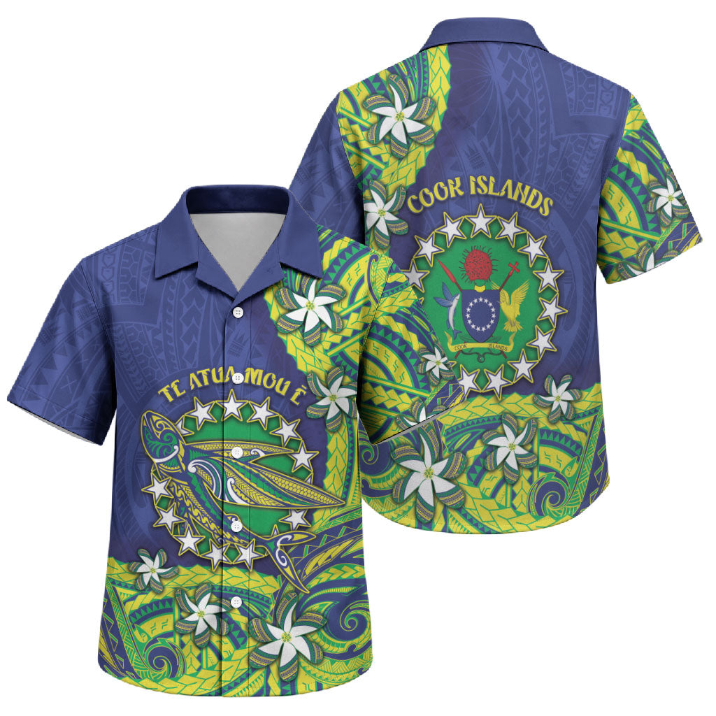 Cook Islands Language Week Family Matching Off Shoulder Short Dress and Hawaiian Shirt Flying Fish 15 Stars Tribal Patterns
