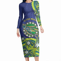Cook Islands Language Week Long Sleeve Bodycon Dress Flying Fish 15 Stars Tribal Patterns