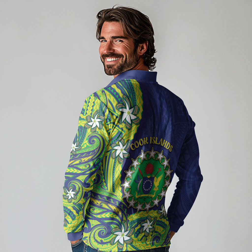 Cook Islands Language Week Long Sleeve Polo Shirt Flying Fish 15 Stars Tribal Patterns