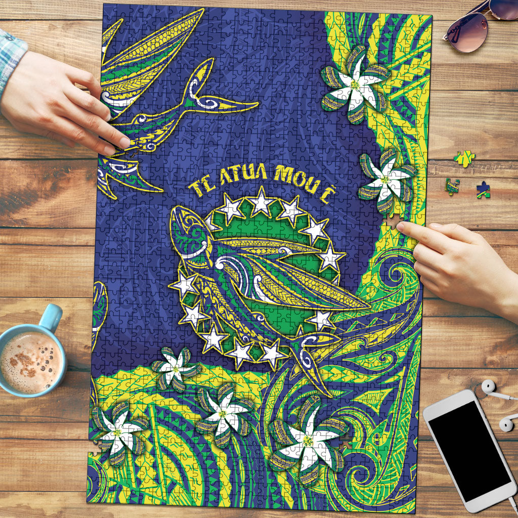 Cook Islands Language Week Puzzle Flying Fish 15 Stars Tribal Patterns DT05 Green - Polynesian Pride