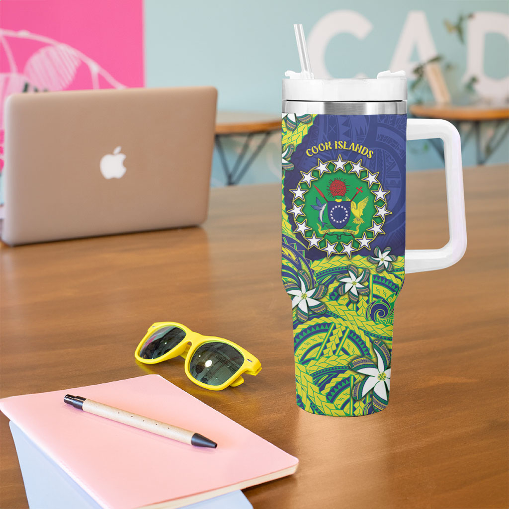 Cook Islands Language Week Tumbler With Handle Flying Fish 15 Stars Tribal Patterns