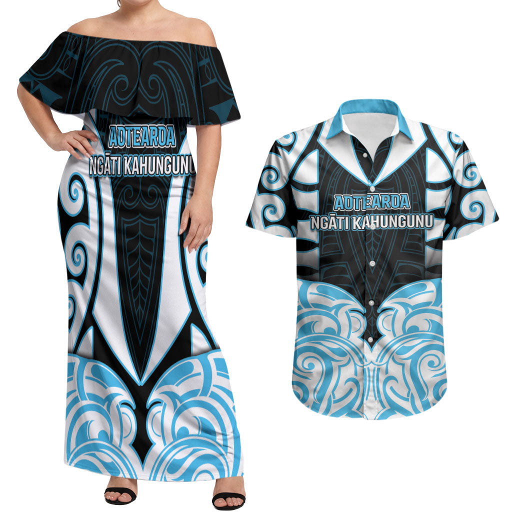 Custom Aotearoa Ngati Kahungunu Couples Matching Off Shoulder Maxi Dress and Hawaiian Shirt New Zealand Traditional Maori Pattern DT05 Blue - Polynesian Pride