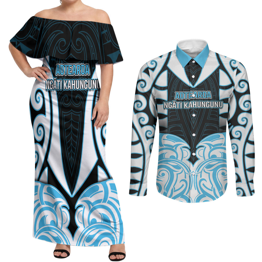 Custom Aotearoa Ngati Kahungunu Couples Matching Off Shoulder Maxi Dress and Long Sleeve Button Shirt New Zealand Traditional Maori Pattern DT05 Blue - Polynesian Pride