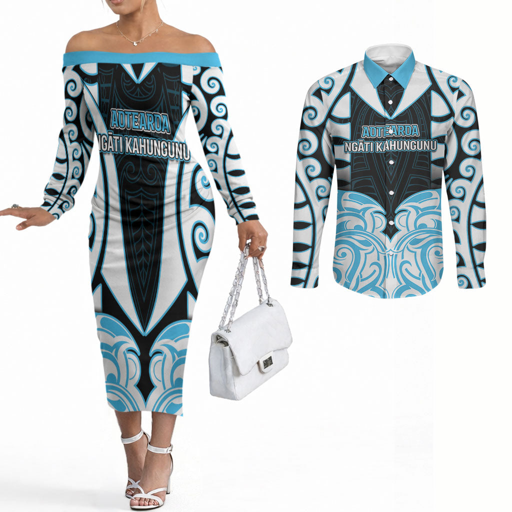 Custom Aotearoa Ngati Kahungunu Couples Matching Off The Shoulder Long Sleeve Dress and Long Sleeve Button Shirt New Zealand Traditional Maori Pattern DT05 Blue - Polynesian Pride