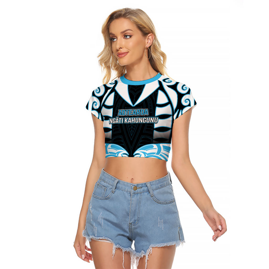 Custom Aotearoa Ngati Kahungunu Raglan Cropped T Shirt New Zealand Traditional Maori Pattern DT05 Female Blue - Polynesian Pride