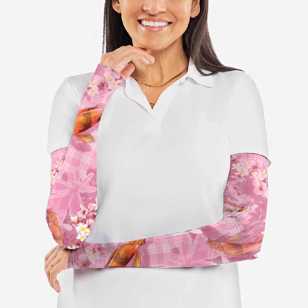 Pink Palaka Hawaiian And Japanese Arm Sleeves Sakura Lei With Koi Fish - Polynesian Pride