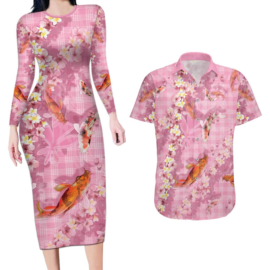 Pink Palaka Hawaiian And Japanese Couples Matching Long Sleeve Bodycon Dress and Hawaiian Shirt Sakura Lei With Koi Fish DT05 Pink - Polynesian Pride