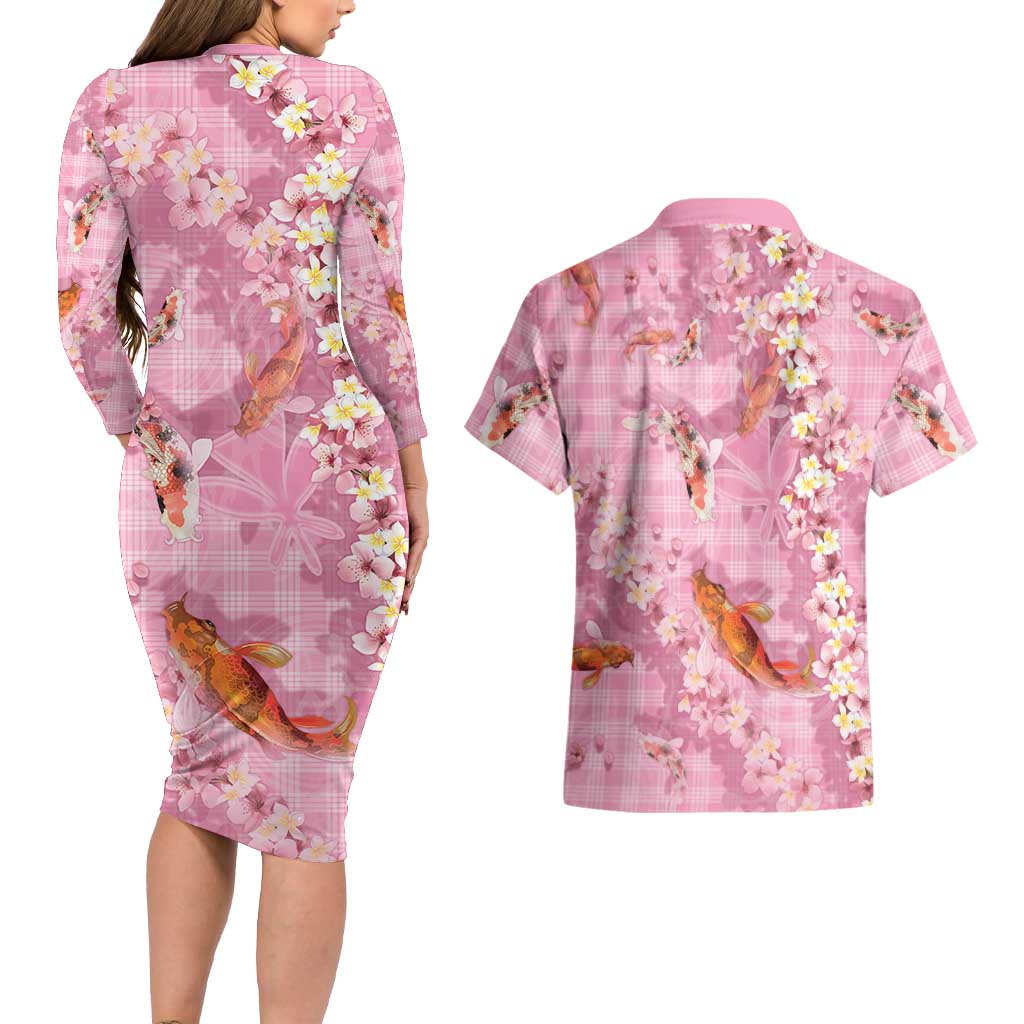 Pink Palaka Hawaiian And Japanese Couples Matching Long Sleeve Bodycon Dress and Hawaiian Shirt Sakura Lei With Koi Fish DT05 - Polynesian Pride