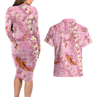 Pink Palaka Hawaiian And Japanese Couples Matching Long Sleeve Bodycon Dress and Hawaiian Shirt Sakura Lei With Koi Fish DT05 - Polynesian Pride