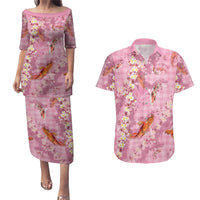 Pink Palaka Hawaiian And Japanese Couples Matching Puletasi and Hawaiian Shirt Sakura Lei With Koi Fish - Polynesian Pride