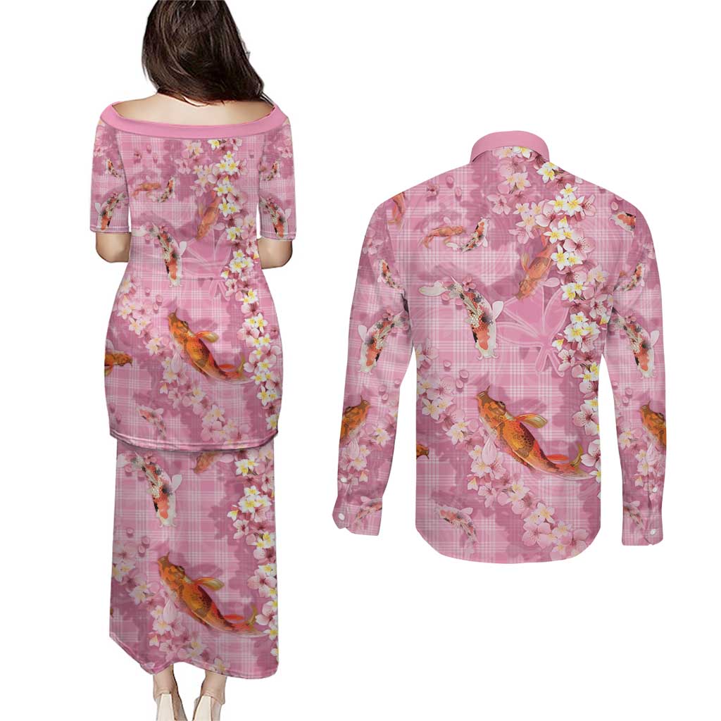 Pink Palaka Hawaiian And Japanese Couples Matching Puletasi and Long Sleeve Button Shirt Sakura Lei With Koi Fish - Polynesian Pride