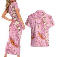 Pink Palaka Hawaiian And Japanese Couples Matching Short Sleeve Bodycon Dress and Hawaiian Shirt Sakura Lei With Koi Fish - Polynesian Pride