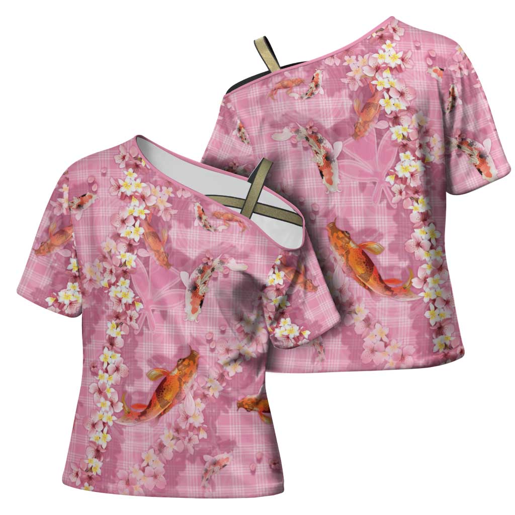 Pink Palaka Hawaiian And Japanese Cross Shoulder Shirt Sakura Lei With Koi Fish - Polynesian Pride