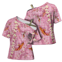 Pink Palaka Hawaiian And Japanese Cross Shoulder Shirt Sakura Lei With Koi Fish - Polynesian Pride