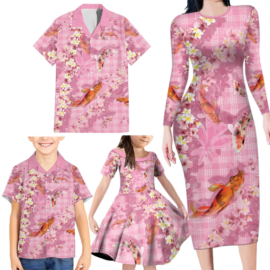 Pink Palaka Hawaiian And Japanese Family Matching Long Sleeve Bodycon Dress and Hawaiian Shirt Sakura Lei With Koi Fish - Polynesian Pride