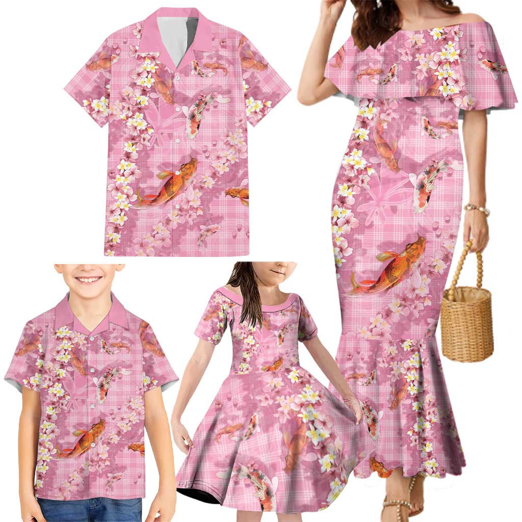Pink Palaka Hawaiian And Japanese Family Matching Mermaid Dress and Hawaiian Shirt Sakura Lei With Koi Fish - Polynesian Pride