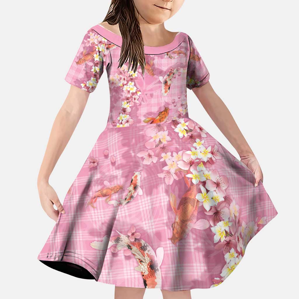 Pink Palaka Hawaiian And Japanese Family Matching Off The Shoulder Long Sleeve Dress and Hawaiian Shirt Sakura Lei With Koi Fish DT05 Daughter's Dress Pink - Polynesian Pride