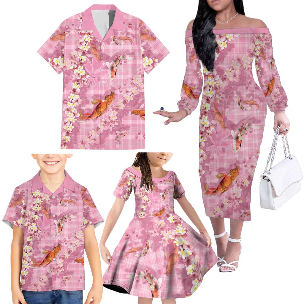 Pink Palaka Hawaiian And Japanese Family Matching Off The Shoulder Long Sleeve Dress and Hawaiian Shirt Sakura Lei With Koi Fish DT05 - Polynesian Pride
