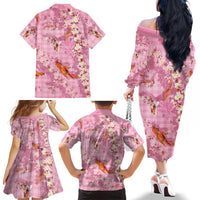 Pink Palaka Hawaiian And Japanese Family Matching Off The Shoulder Long Sleeve Dress and Hawaiian Shirt Sakura Lei With Koi Fish DT05 - Polynesian Pride