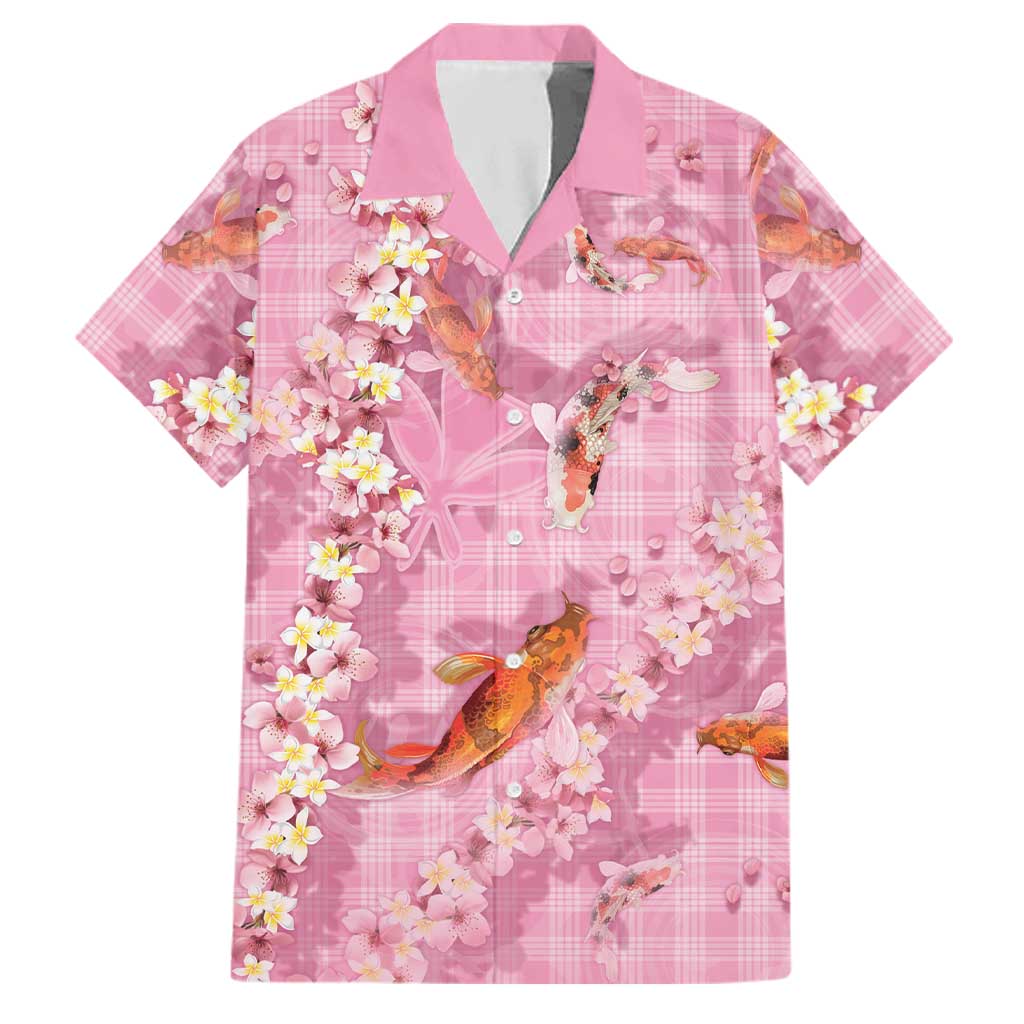 Pink Palaka Hawaiian And Japanese Family Matching Off The Shoulder Long Sleeve Dress and Hawaiian Shirt Sakura Lei With Koi Fish DT05 Dad's Shirt - Short Sleeve Pink - Polynesian Pride