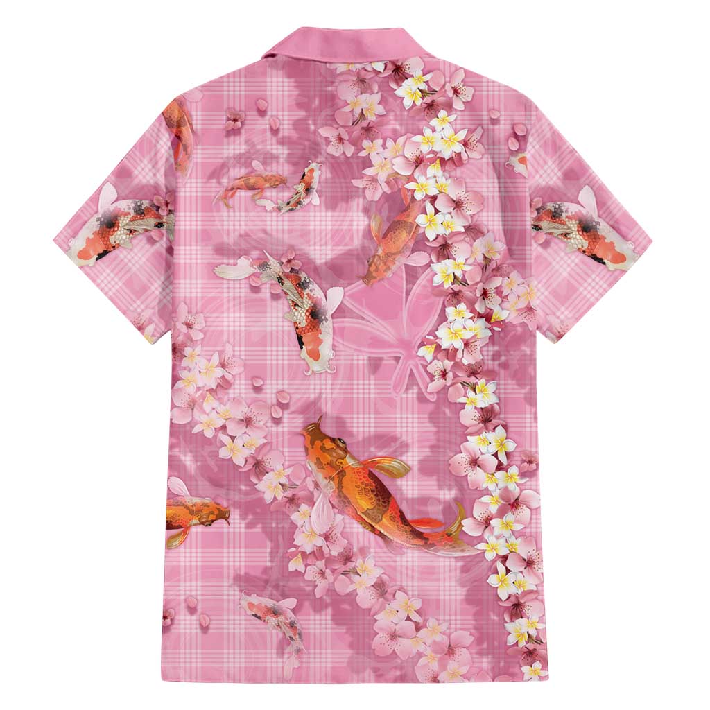 Pink Palaka Hawaiian And Japanese Family Matching Off The Shoulder Long Sleeve Dress and Hawaiian Shirt Sakura Lei With Koi Fish DT05 - Polynesian Pride