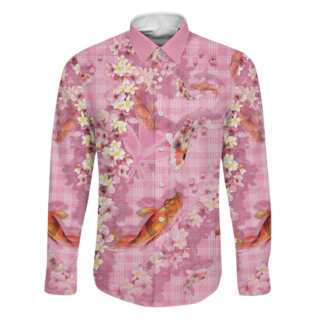 Pink Palaka Hawaiian And Japanese Family Matching Off The Shoulder Long Sleeve Dress and Hawaiian Shirt Sakura Lei With Koi Fish DT05 Dad's Shirt - Long Sleeve Pink - Polynesian Pride