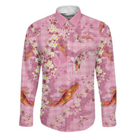 Pink Palaka Hawaiian And Japanese Family Matching Off The Shoulder Long Sleeve Dress and Hawaiian Shirt Sakura Lei With Koi Fish DT05 Dad's Shirt - Long Sleeve Pink - Polynesian Pride