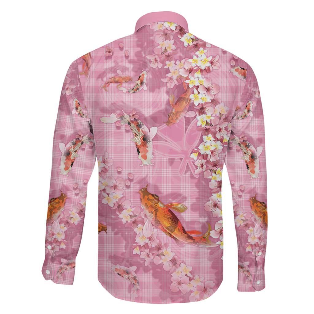 Pink Palaka Hawaiian And Japanese Family Matching Off The Shoulder Long Sleeve Dress and Hawaiian Shirt Sakura Lei With Koi Fish DT05 - Polynesian Pride