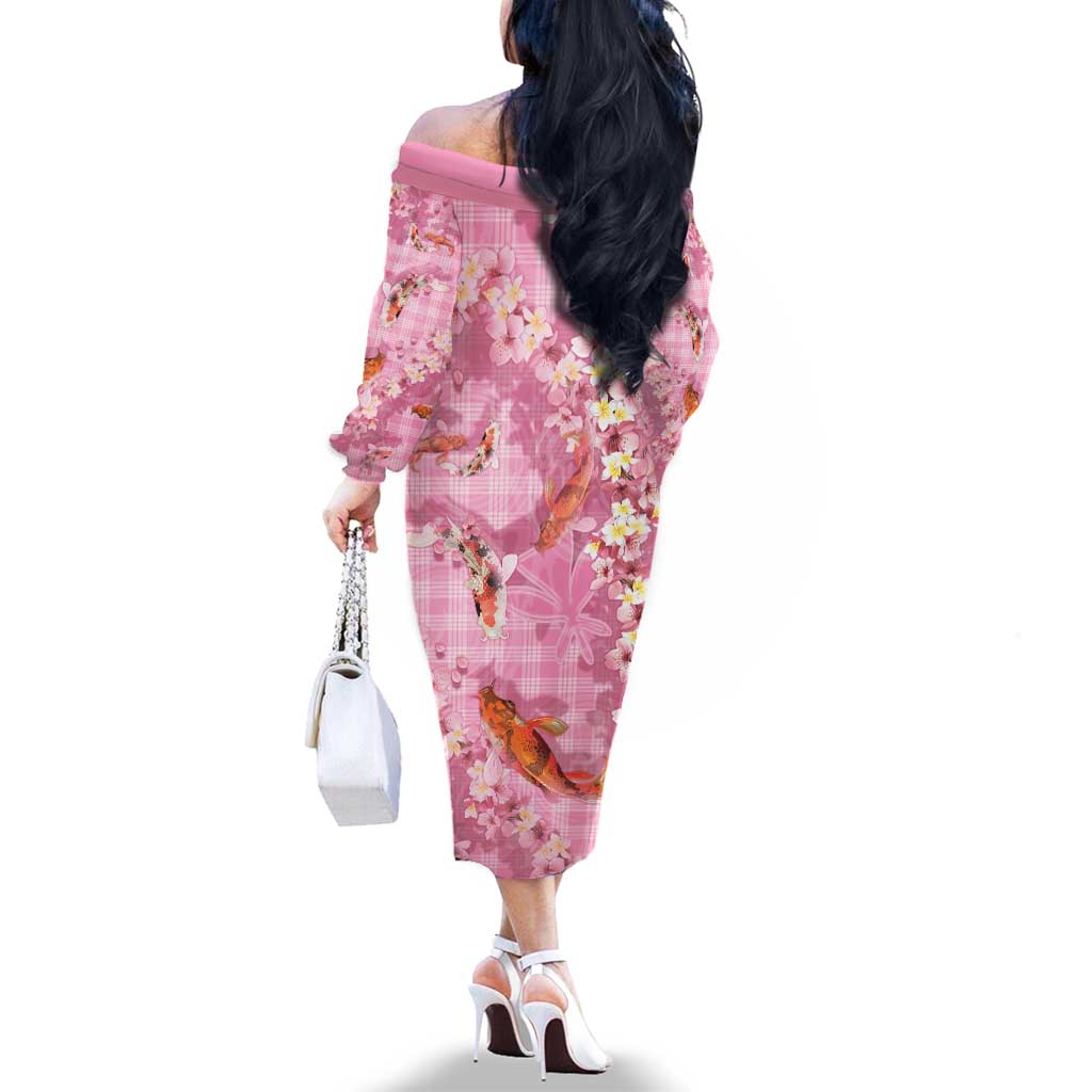 Pink Palaka Hawaiian And Japanese Family Matching Off The Shoulder Long Sleeve Dress and Hawaiian Shirt Sakura Lei With Koi Fish DT05 - Polynesian Pride