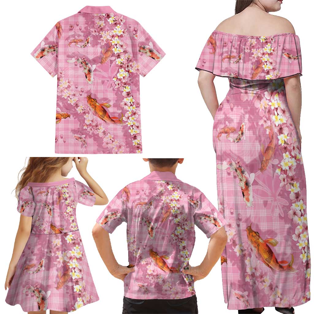 Pink Palaka Hawaiian And Japanese Family Matching Off Shoulder Maxi Dress and Hawaiian Shirt Sakura Lei With Koi Fish - Polynesian Pride