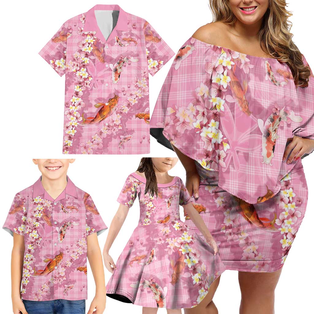 Pink Palaka Hawaiian And Japanese Family Matching Off Shoulder Short Dress and Hawaiian Shirt Sakura Lei With Koi Fish - Polynesian Pride