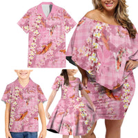 Pink Palaka Hawaiian And Japanese Family Matching Off Shoulder Short Dress and Hawaiian Shirt Sakura Lei With Koi Fish - Polynesian Pride