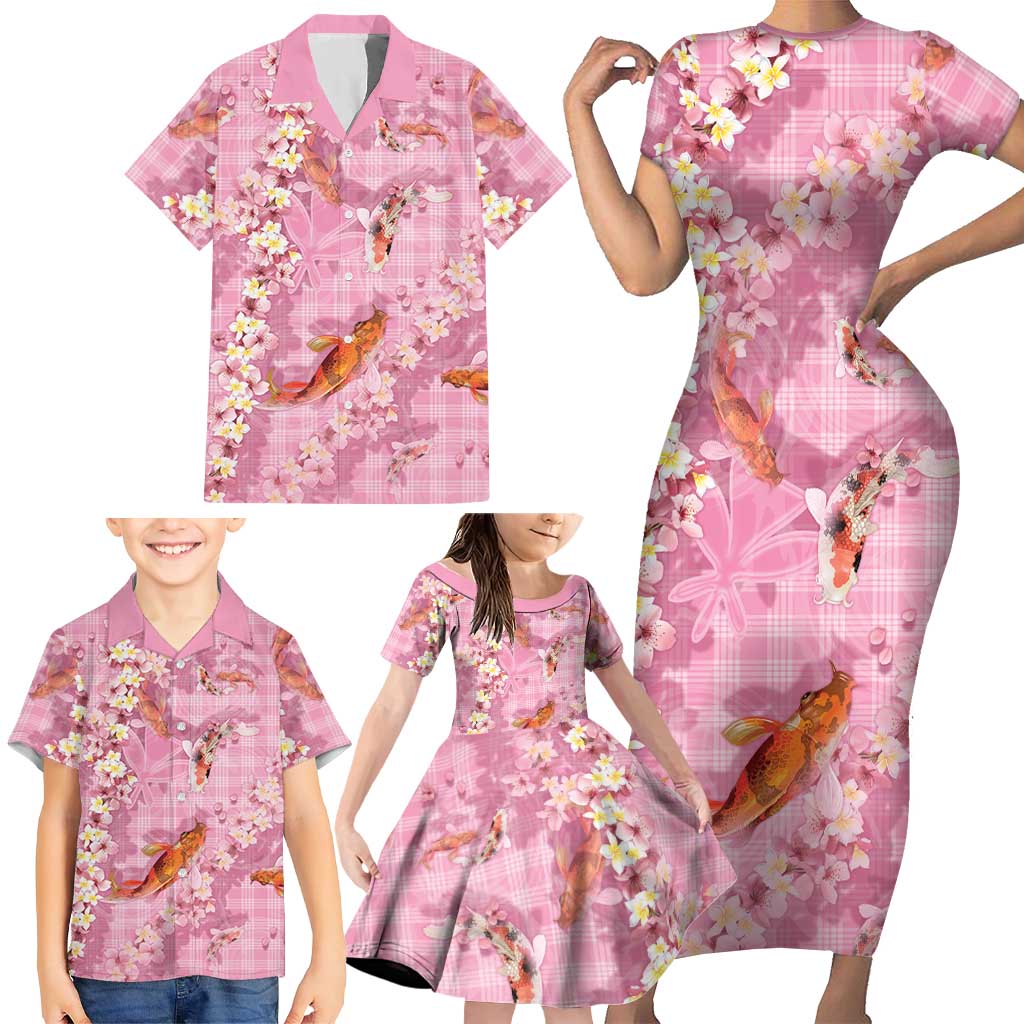 Pink Palaka Hawaiian And Japanese Family Matching Short Sleeve Bodycon Dress and Hawaiian Shirt Sakura Lei With Koi Fish - Polynesian Pride